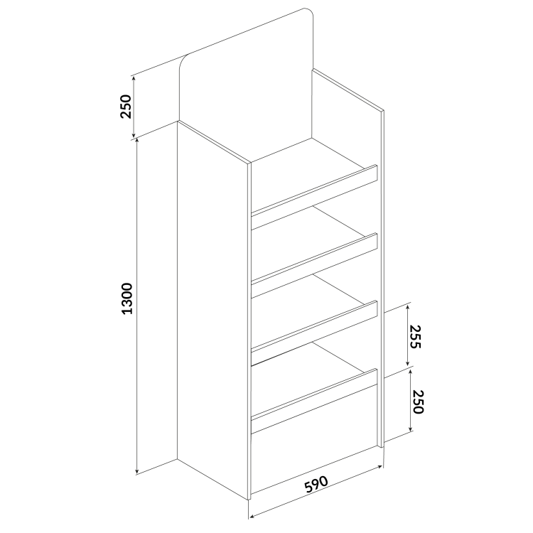 Tekturowy ekspozytor/stand reklamowy wolnostojący z półkami - specyfikacja oraz wymiary