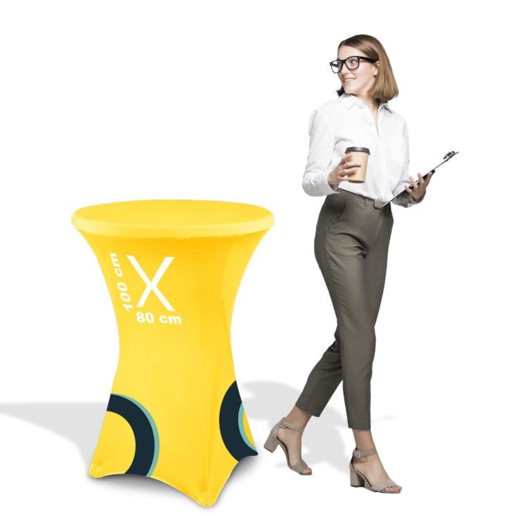 Stół stolik cateringowy koktajlowy okrągły 110x80cm z naciąganym obrusem z zadrukiem recepcyjny stolik eventowy z pokrowcem możliwość nadruku