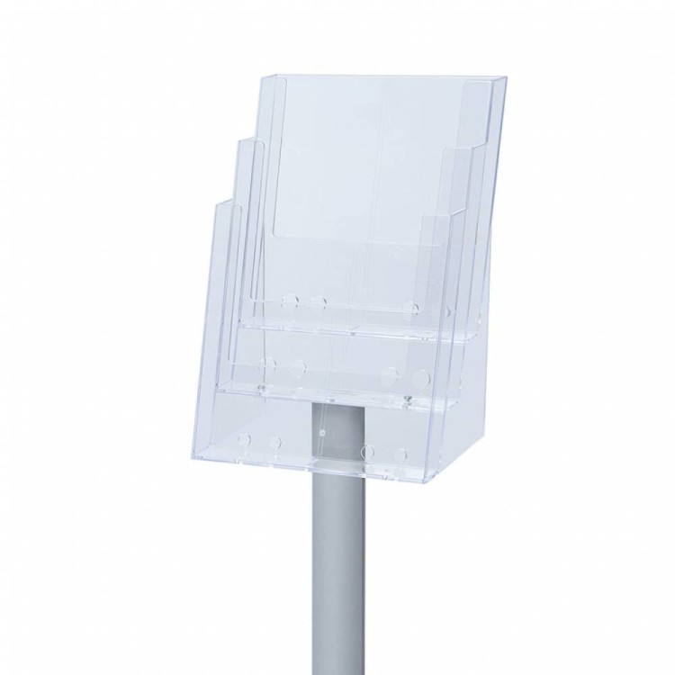 Stojak na ulotki 3xA4 z kieszeniami akrylowymi na broszury A4 srebrny prezenter ulotek stojak informacyjny na ulotki stojak na broszury A4 stojak prezentacyjny do branży detalicznej do hotelu