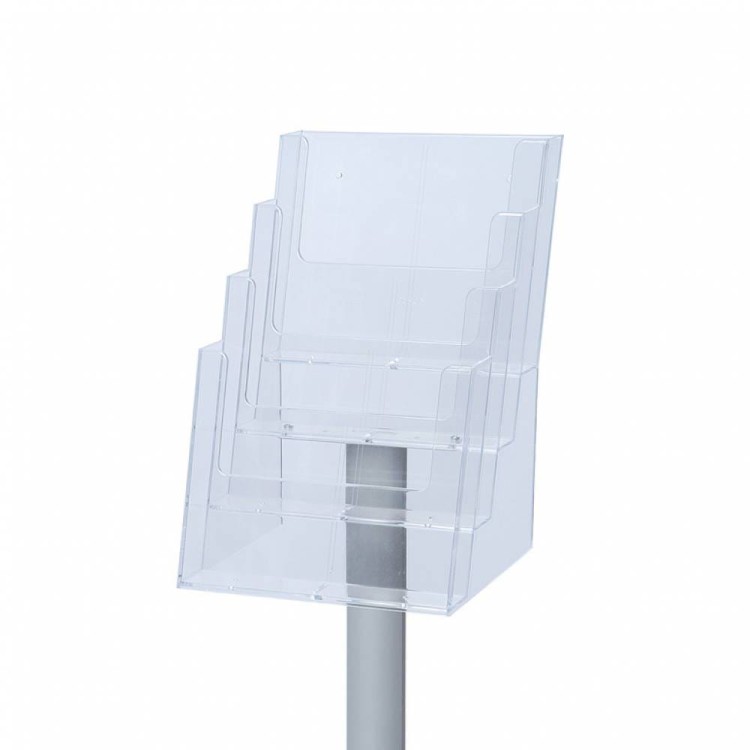 Stojak na ulotki 4xA4 z kieszeniami akrylowymi na broszury A4 srebrny prezenter ulotek stojak informacyjny na ulotki stojak na broszury A4 stojak prezentacyjny do branży detalicznej do hotelu