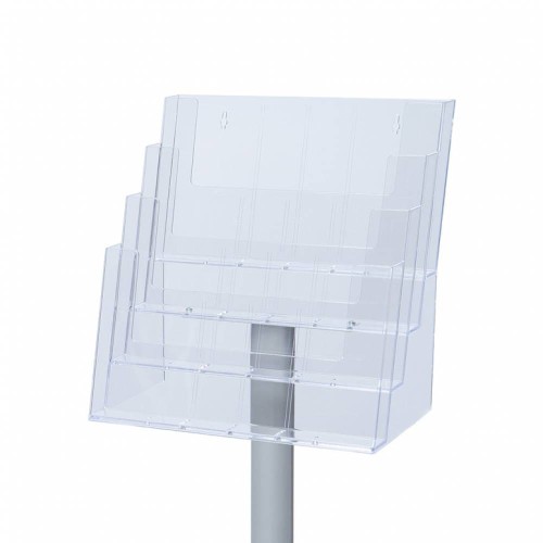 Stojak na ulotki 4xA4 poziomo z kieszeniami akrylowymi na broszury A4 srebrny prezenter ulotek stojak informacyjny na ulotki stojak na broszury A4 stojak prezentacyjny do branży detalicznej do hotelu