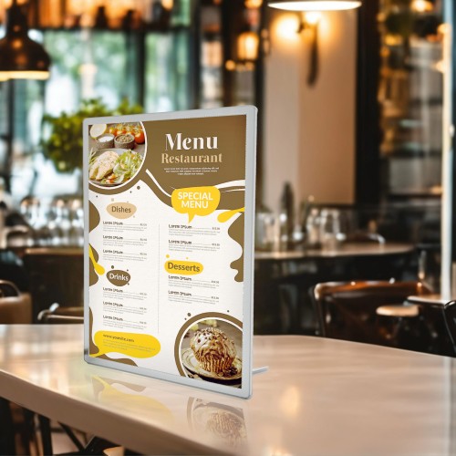 Ramka plakatowa A4 LED srebrna podświetlana w restauracji na MENU, na stół w orientacji pionowej
