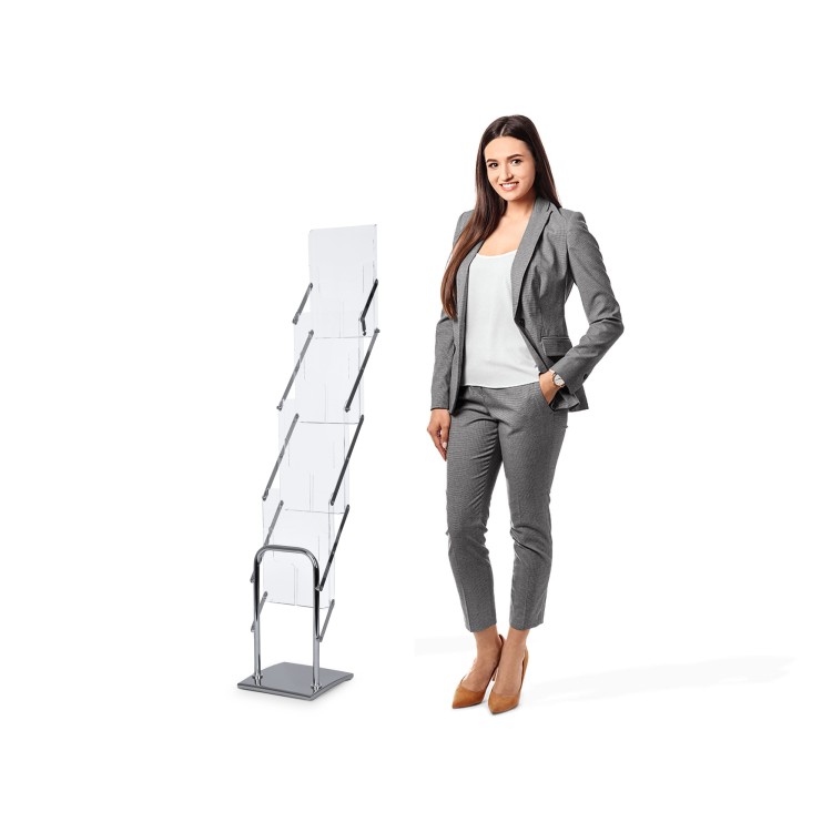 Jednostronny rozkładany stojak na ulotki 4xA4 z torbą - chrom