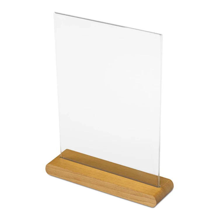Dwustronny stojak akrylowy WOODI typu T format A4 (297x210 mm) informacyjny na ulotki, plakaty, broszury
