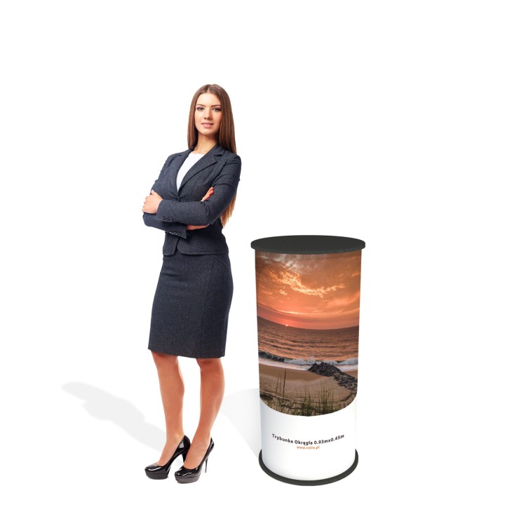 Trybunka reklamowa okrągła BASIC z wydrukiem grafiki i torbami transportowymi