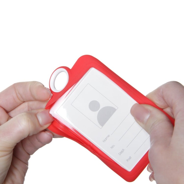 Umieszczenie identyfikatora - przykład z wykorzystaniem czerwonej ramki - Kolorowy identyfikator na smyczy Żółty 85 x 54 mm ID holder na identyfikator tabliczka plakietka imienna zawieszka etui silikonowe na identyfikator 8,5 x 5,5 cm